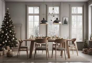 Fototapeta premium Christmas tree in modern dinning room interior Scandinavian farmhouse style 3d rendering