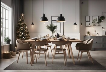 Fototapeta na wymiar Christmas tree in modern dinning room Scandinavian farmhouse style 3d rendering