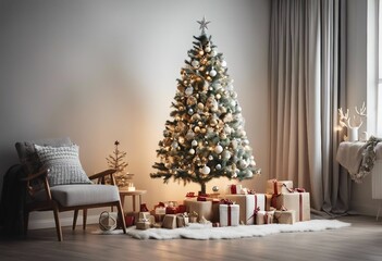 Christmas tree with gifts next to the chair in modern Scandinavian interior