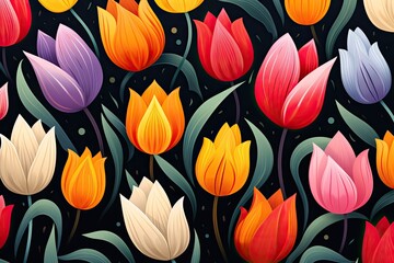 Quaint Pink Orange Tulip Floral Pattern for Clothing Design, Garden Imagery, Nature Blog or Plants Website Background Wallpaper Art, Vintage Flower Painting, Greeting Card Concept Artwork