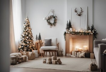 Christmas tree decorated in modern Scandinavian interior with fireplace