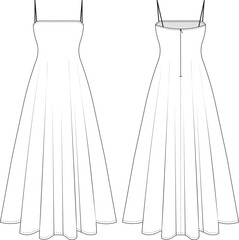 shoulder spaghetti straps midi maxi long flared a line dress template technical drawing flat sketch cad mockup fashion woman design style model