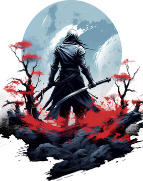 T-shirt design, digital illustration showing a ninja carrying a long sword