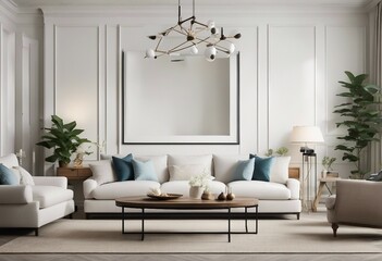 Coastal design living room Mock up white wall in cozy home interior background Hampton style
