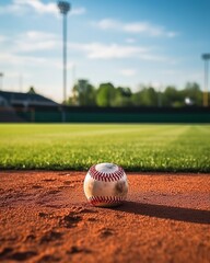 Baseball on the base of a baseball field with copy space.
