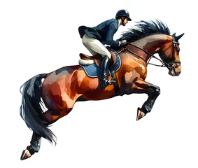 Fotobehang Jockey on horse. Jumping competition. Horse riding. Equestrian sport. Jockey riding jumping horse. Horse sport. Watercolor paint. Banner. Isolated on a white background. show jumping. Generative AI © mari