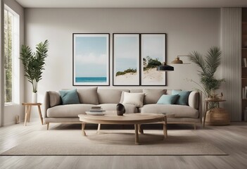 Coastal design room Mockup frame in cozy home interior background Hampton style