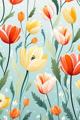 Retro Baby Blue Tulip Floral Pattern for Clothing Design, Garden Imagery, Nature Blog or Plants Website Background Wallpaper Art, Vintage Flower Painting, Greeting Card Concept Artwork