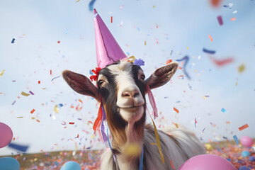 Happy cute goat in a party hat enjoys and celebrates a birthday surrounded by falling confetti and balloons. Pet birthday concept on bright background.