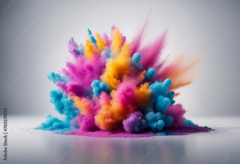 Poster colored powder explosion on a white background abstract closeup dust on backdrop colorful explode
