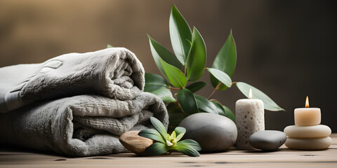 Spa setting accessories with gray towels, zen smooth river stones, aroma candles and green plants banner on dark background. Wellness composition concept, wooden table.