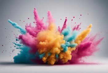 Colored powder explosion on a grey background Abstract closeup dust on backdrop Colorful explosion