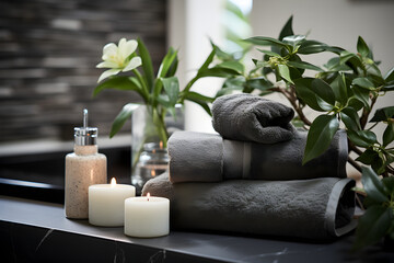 Spa setting accessories with gray towels, zen smooth river stones, massage oil, aroma candles, green plants and flowers, banner on dark background. Wellness composition concept. - Powered by Adobe