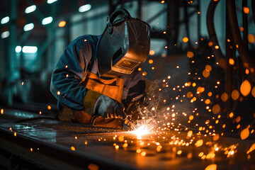 Worker while doing a welding with arc welder 