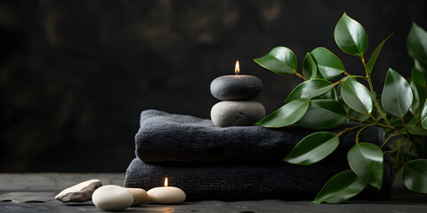 Spa setting accessories with gray towels, zen smooth river stones, aroma candles and green plants banner on dark background. Wellness composition concept with copy space.
