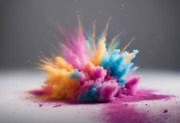 Powder explosion in pink, orange and blue colors on a grey background Colorful explode Abstract closeup dust on backdrop