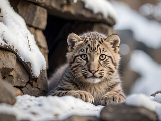 Snow leopard cub peers from its den in a snowy landscape.