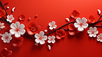 Fototapeta na wymiar Geometric Fantasy Flowers - Abstract 3D Render on Valentines Day Red Background. Banner