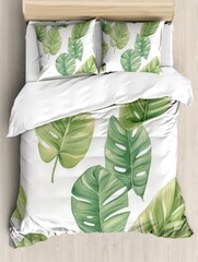 Top view of home textile linen, four piece bedding set with drawn style large leaves pattern