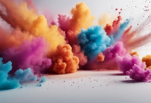 Colored abstract powder dust explosion on a white background in orange, blue and pink tones
