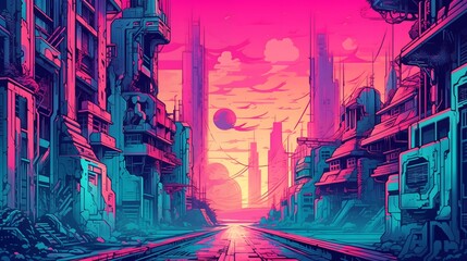 Futuristic City Skyline Against a Vivid Twilight Sky With a Large Moon, Trees and Fauna. Synthwave wallpaper and background 