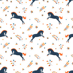 Seamless vector pattern, cute horse surrounded by beautiful plants