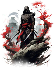 T-shirt design, digital illustration showing a ninja carrying a long sword