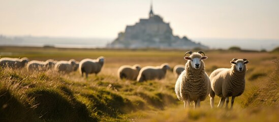 Sheep at Mont-Saint-Michel in France's salt marshes. - obrazy, fototapety, plakaty