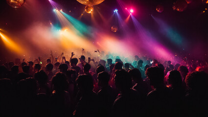 Fototapeta na wymiar Silhouettes of people at a disco event