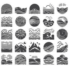abstract icon set of organic lines, waves, mountains, sea, ocean, modern art, modern icons vector art