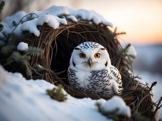 Snowy Owl sits serenely on its nest in a wintery landscape.