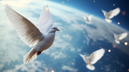  Doves Soaring Over Earth, Freedom and Global Connectivity Concept Display