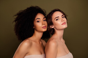 Photo of two luxury adorable ladies off shoulders embrace together at romantic date isolated on khaki color background