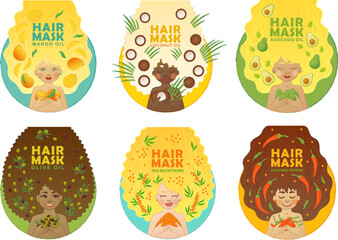Hair mask packaging design on white background. Cute cartoon illustration of pretty girls with long hair for product label