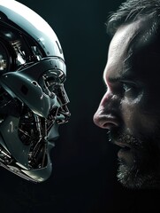 AI vs. Human: A Captivating Stare Down in Dramatic Light. Robot and Human Locked in a Stare Down Contest. 
