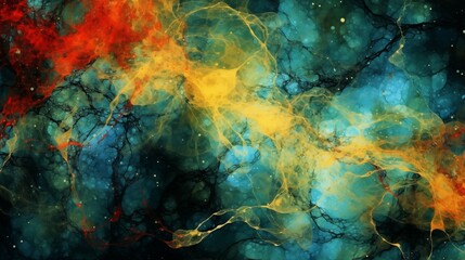 Abstract Colorful Background with Red, Orange and Blue, in the Style of Dark Matter Art, Dark Turquoise Yellow Cosmic Theme