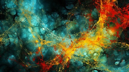 Fototapeta na wymiar Abstract Colorful Background with Red, Orange and Blue, in the Style of Dark Matter Art, Dark Turquoise Yellow Cosmic Theme