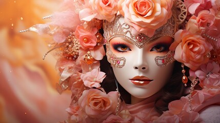 Close-up Portrait of Venetian Mask with Feathers on Peach Fuzz Pastel Background, Copy Space. Banner