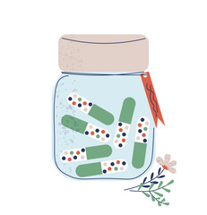 Homeopathic pills. Alternative medicine. Homeopathic treatment and phytotherapy concept. Herbal pills. Herbal capsules in bottle. Flat vector illustration on white isolated background.