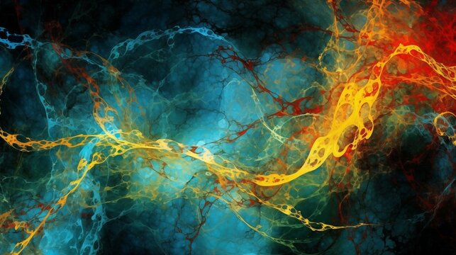 Abstract Colorful Background with Red, Orange and Blue, in the Style of Dark Matter Art, Dark Turquoise Yellow Cosmic Theme