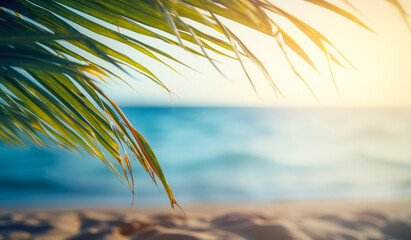 Palm tree branches form a shady retreat on the sandy shores of the tropical island during summer. - obrazy, fototapety, plakaty