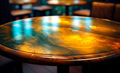 Fototapeta premium Blurred background with bokeh lights complements the empty wooden tabletop.