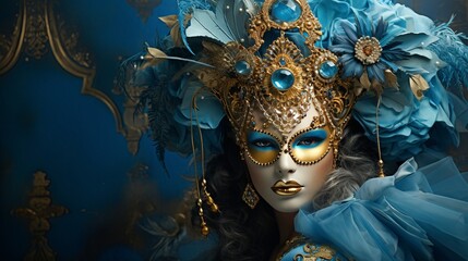 Close Up Portrait of a Bright Venetian Mask with Feathers on Solid Blue Background, Copy Space. Banner