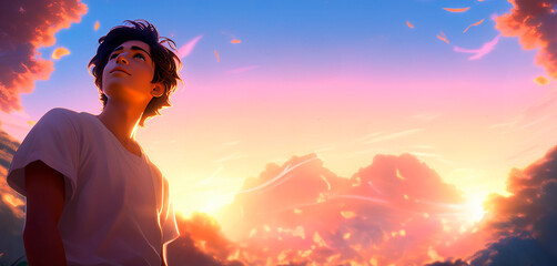Arte de um jovem rapaz olhando para o alto, com lindas nuvens e um céu ao por do sol de fundo.