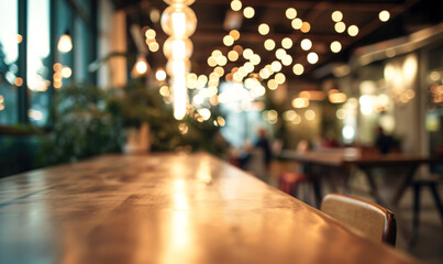 Cafe blurred background with bokeh. Defocused image for design template - obrazy, fototapety, plakaty