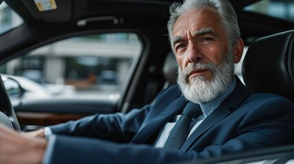 Confident senior bearded businessman driving a car to work state