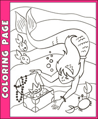 Pretty mermaid cartoon illustration for coloring book, funny female mermaid underwater with treasure chest vector drawing for coloring page for children, cute character from fairy tales