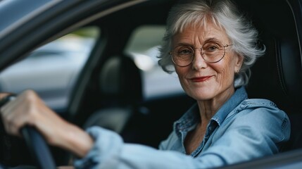 Attractive senior female is driving a car on vacation