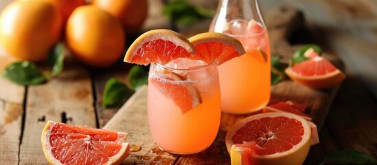 Grapefruit lemonade with grapefruits in a bottle. - obrazy, fototapety, plakaty