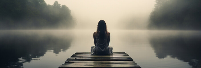 young woman in lotus pose on wooden jetty at lake - obrazy, fototapety, plakaty